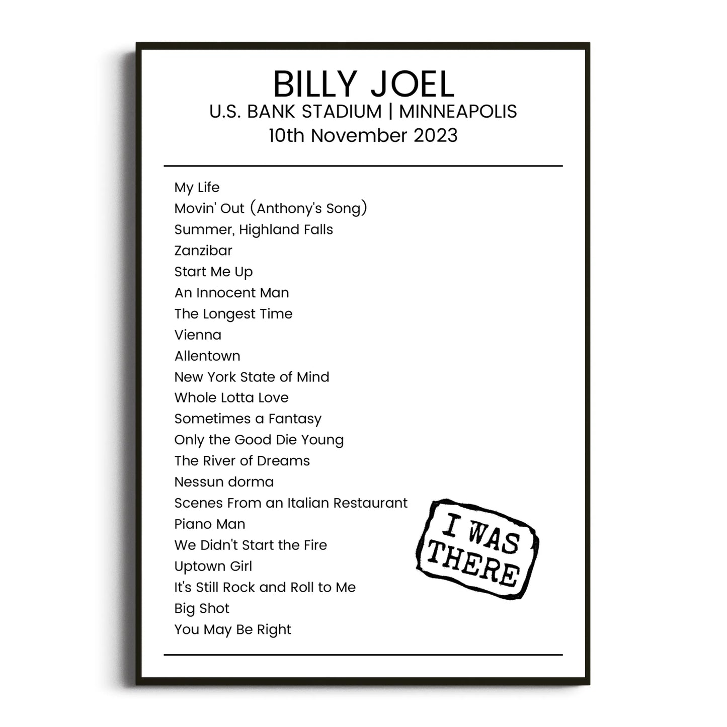 Billy Joel Minneapolis 10 November 2023 Setlist Poster