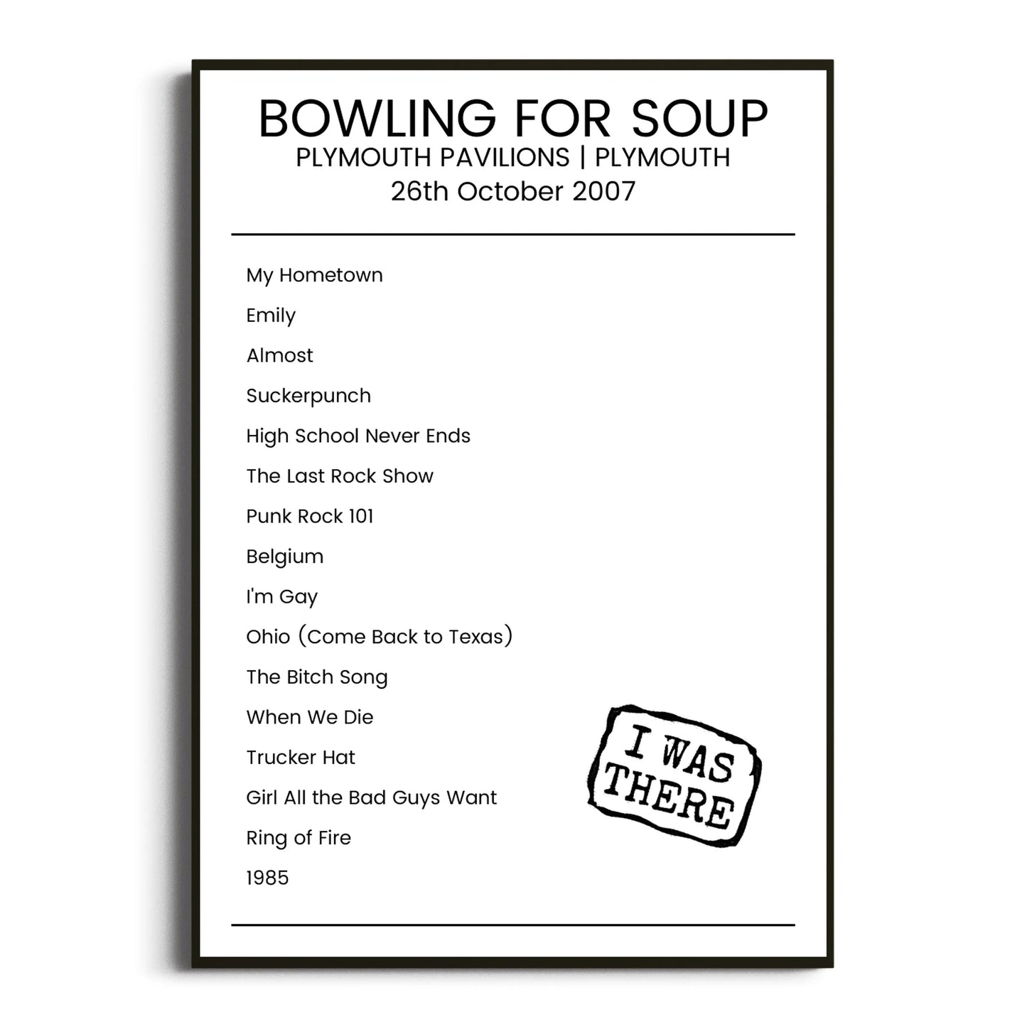 Bowling for Soup Plymouth 26 October 2007 Setlist Poster