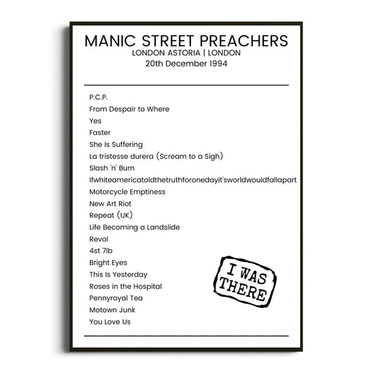 Manic Street Preachers London 20 December 1994 Setlist Poster