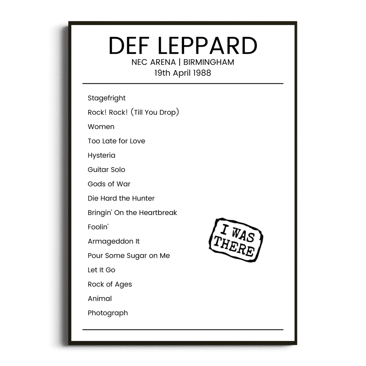 Def Leppard Birmingham 19 April 1988 Setlist Poster