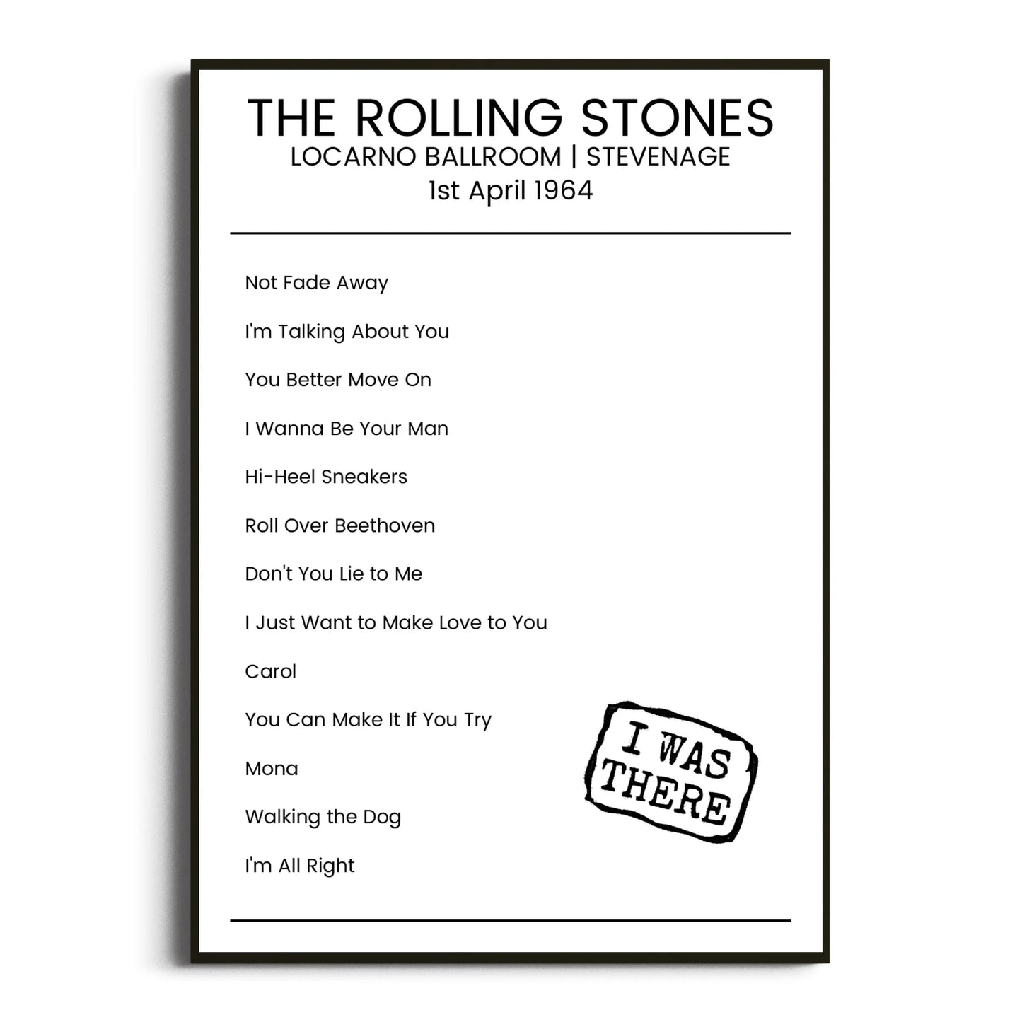 The Rolling Stones Stevenage 01 April 1964 Setlist Poster