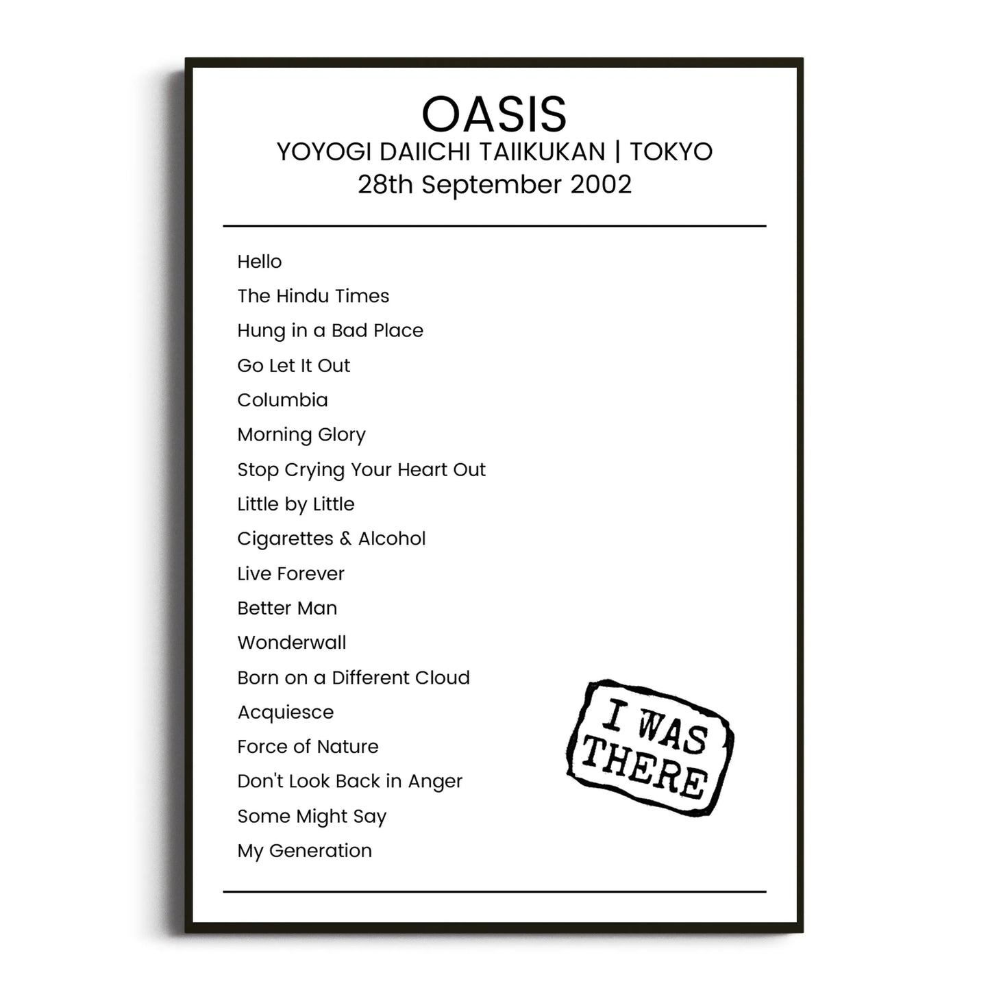 Oasis Tokyo 28 September 2002 Setlist Poster