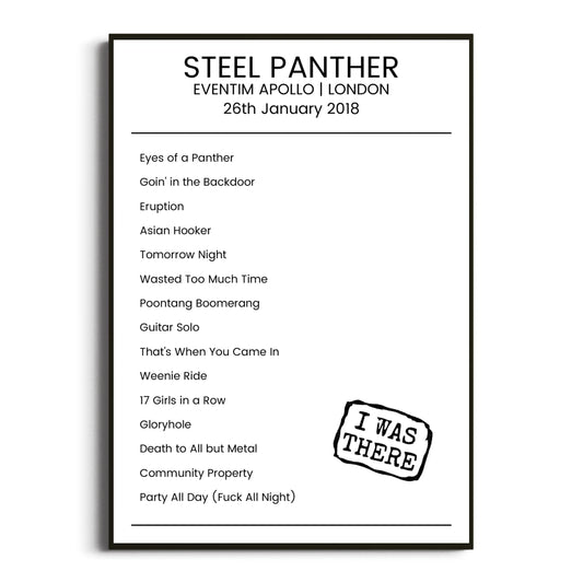 Steel Panther London 26 January 2018 Setlist Poster