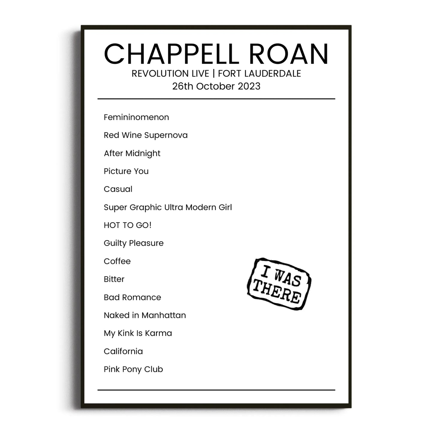 Chappell Roan Fort Lauderdale 26 October 2023 Setlist Poster