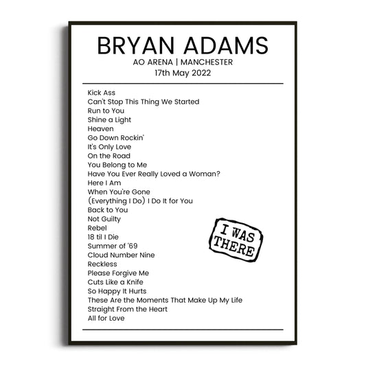 Bryan Adams Manchester 17 May 2022 Setlist Poster