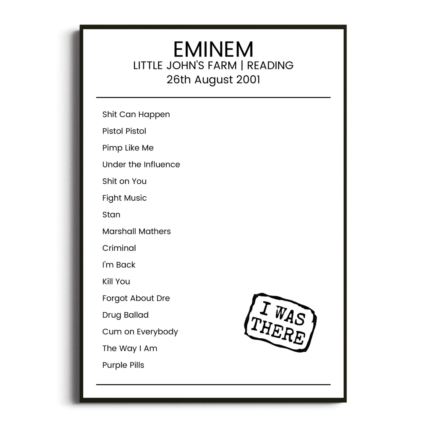 Eminem Reading 26 August 2001 Setlist Poster