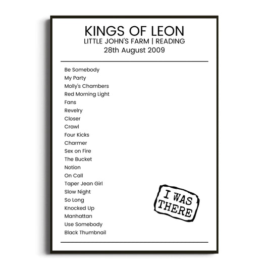 Kings of Leon Reading 28 August 2009 Setlist Poster