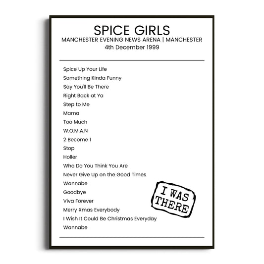 Spice Girls Manchester 04 December 1999 Setlist Poster