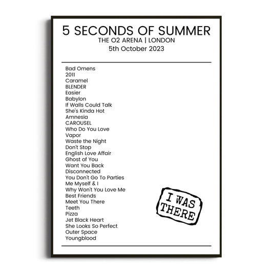 5 Seconds of Summer London 05 October 2023 Setlist Poster