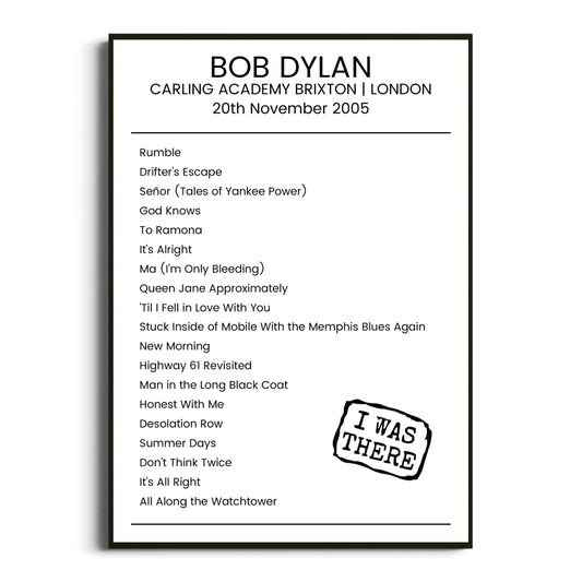 Bob Dylan London 20 November 2005 Setlist Poster