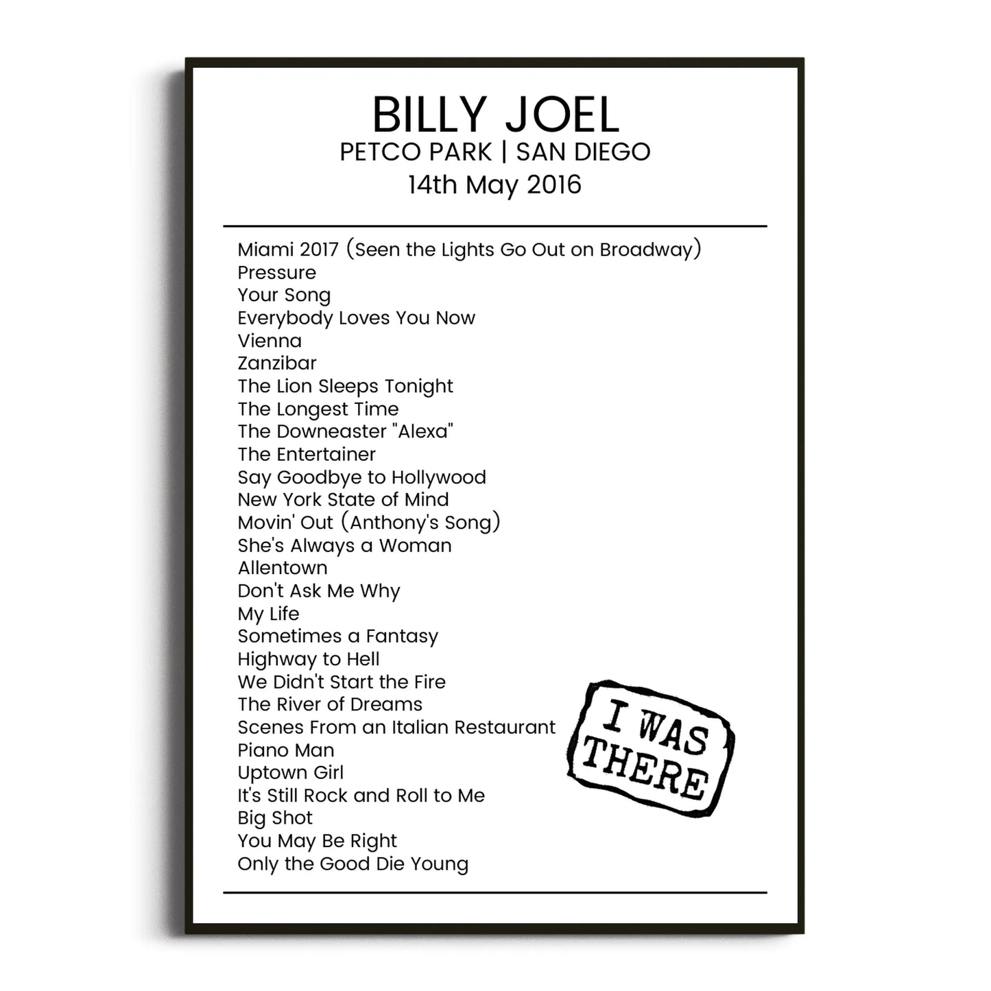 Billy Joel San Diego 14 May 2016 Setlist Poster