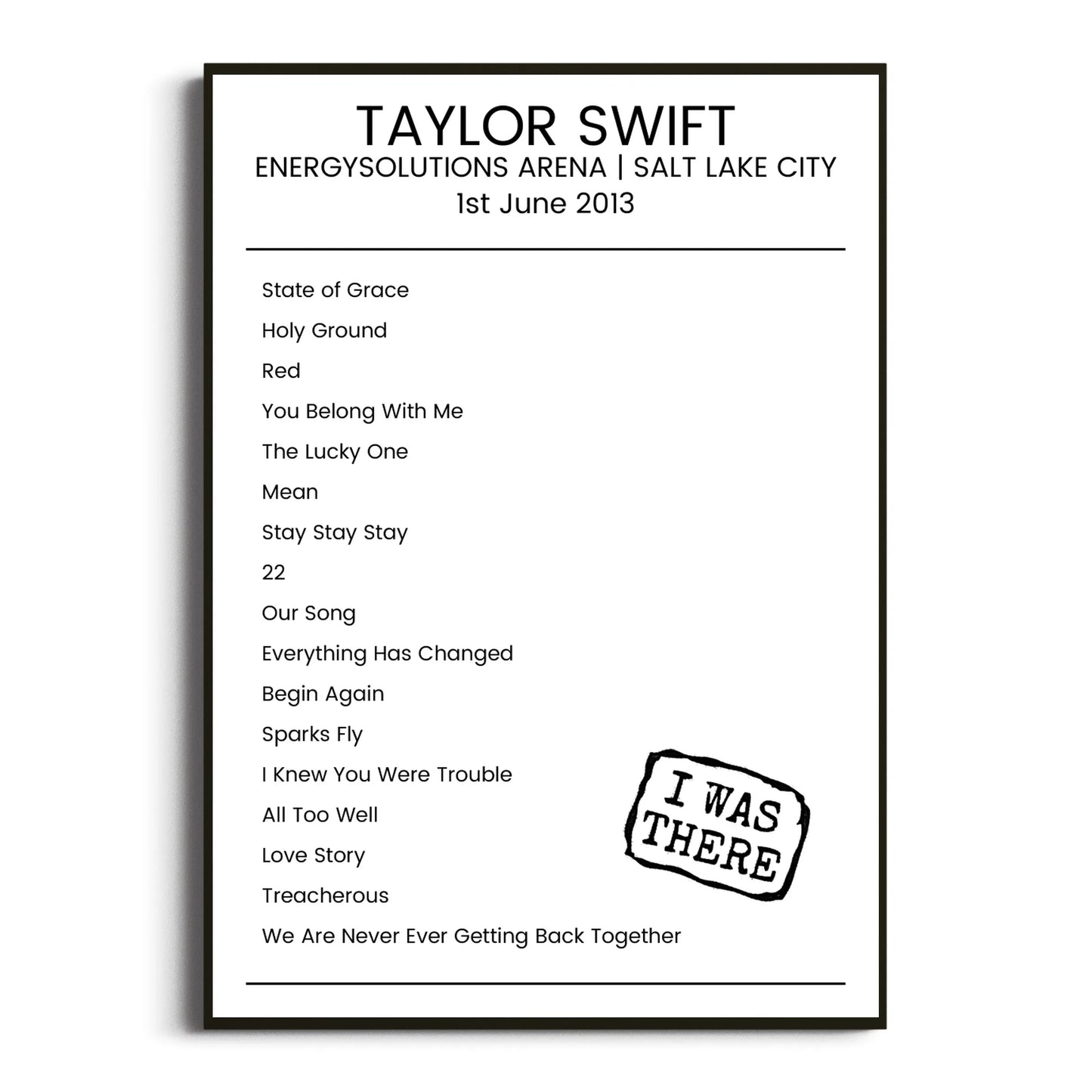 Taylor Swift Salt Lake City 01 June 2013 Setlist Poster