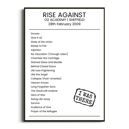 Rise Against Sheffield 28 February 2009 Setlist Poster