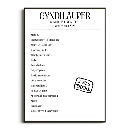 Cyndi Lauper Montreal 18 October 2024 Setlist Poster