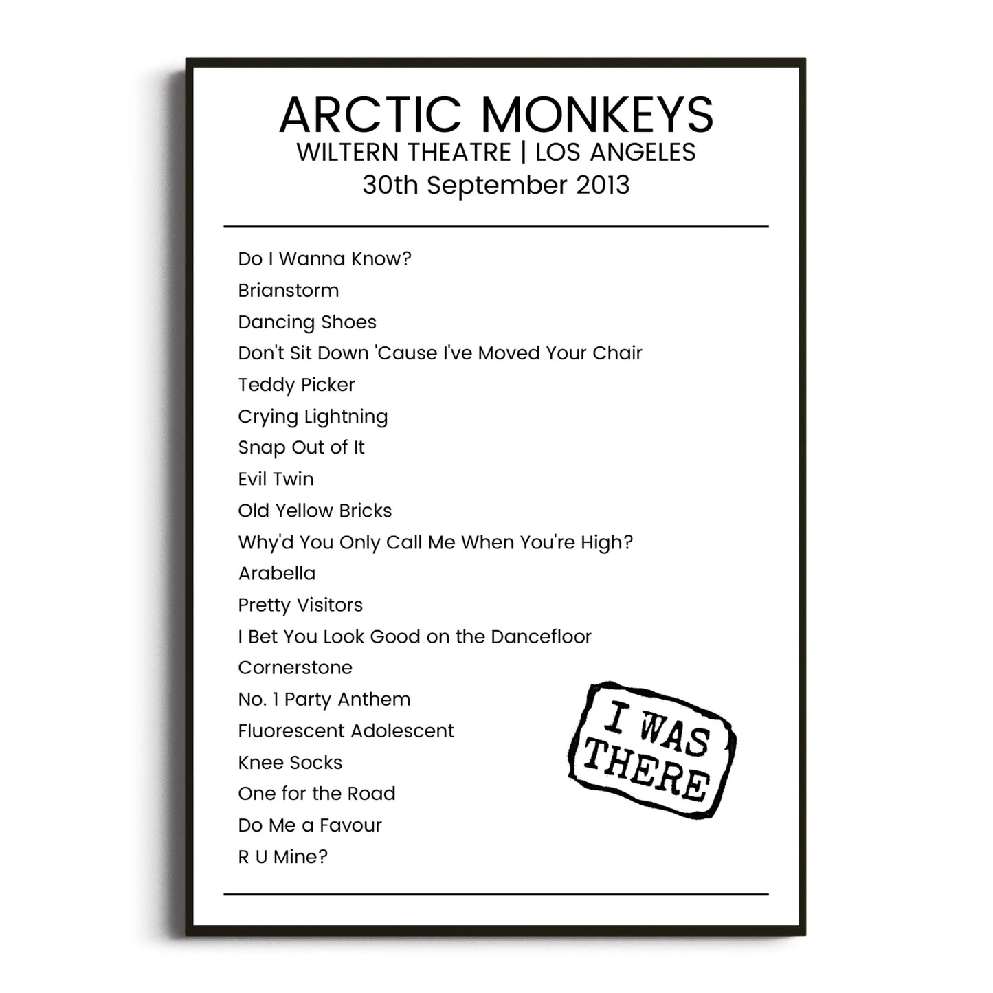 Arctic Monkeys Los Angeles 30 September 2013 Setlist Poster