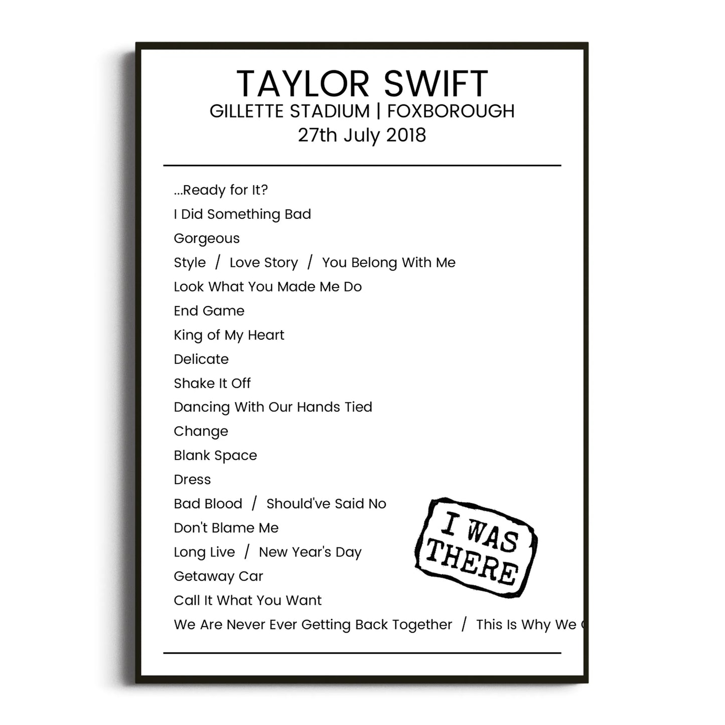 Taylor Swift Foxborough 27 July 2018 Setlist Poster