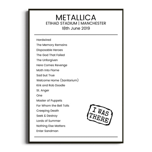 Metallica Manchester 18 June 2019 Setlist Poster