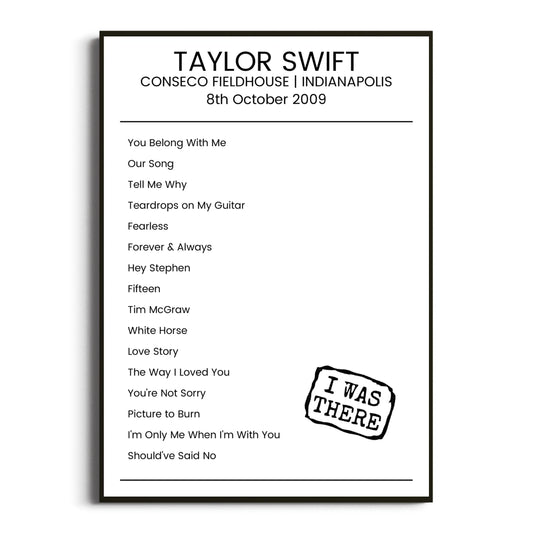 Taylor Swift Indianapolis 08 October 2009 Setlist Poster