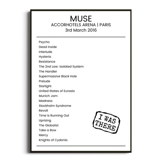 Muse Paris 03 March 2016 Setlist Poster