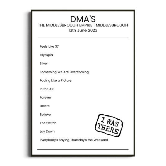 DMA’s Middlesbrough 13 June 2023 Setlist Poster