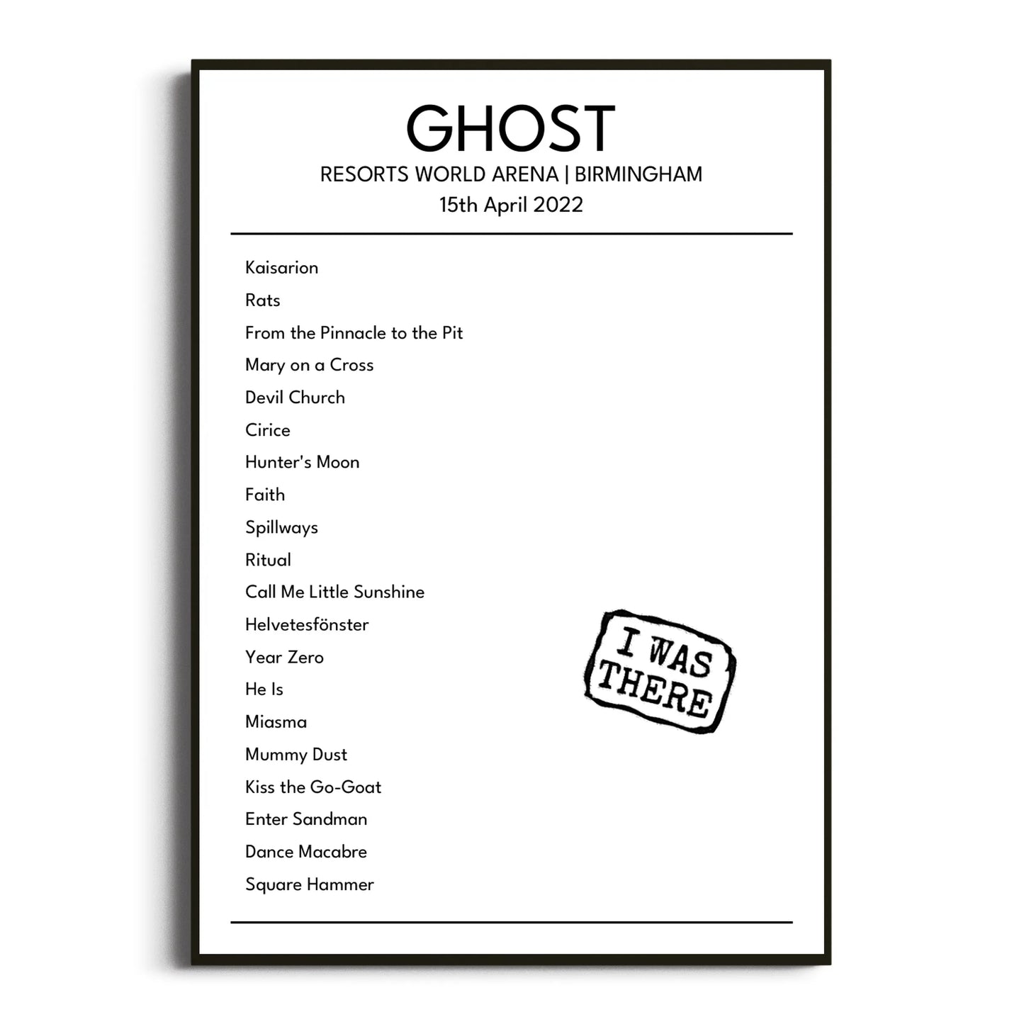 Ghost Birmingham 15 April 2022 Setlist Poster