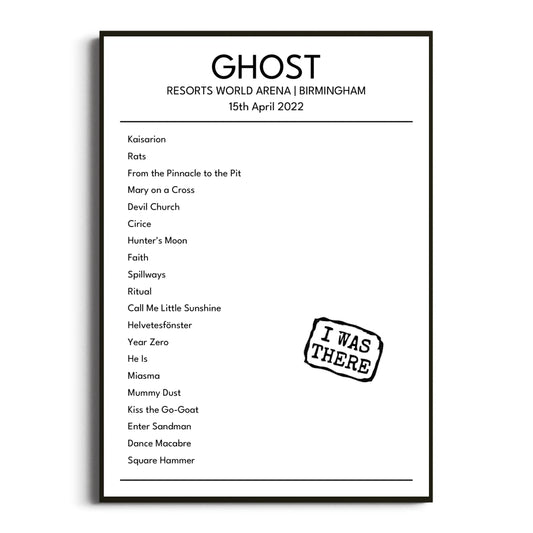 Ghost Birmingham 15 April 2022 Setlist Poster