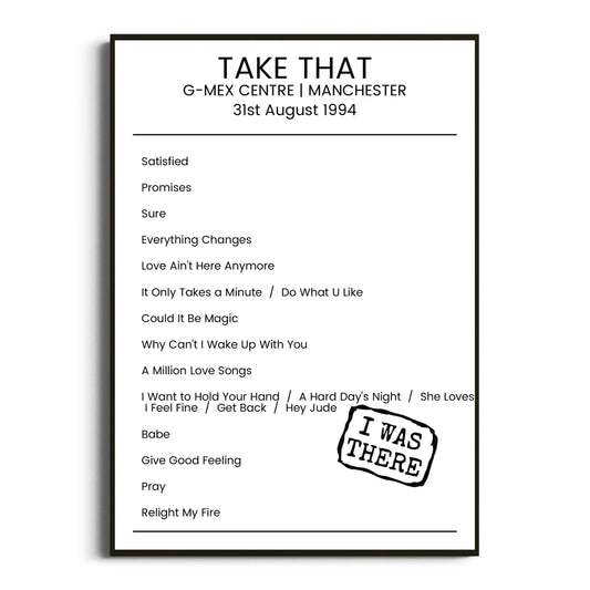 Take That Manchester 31 August 1994 Setlist Poster