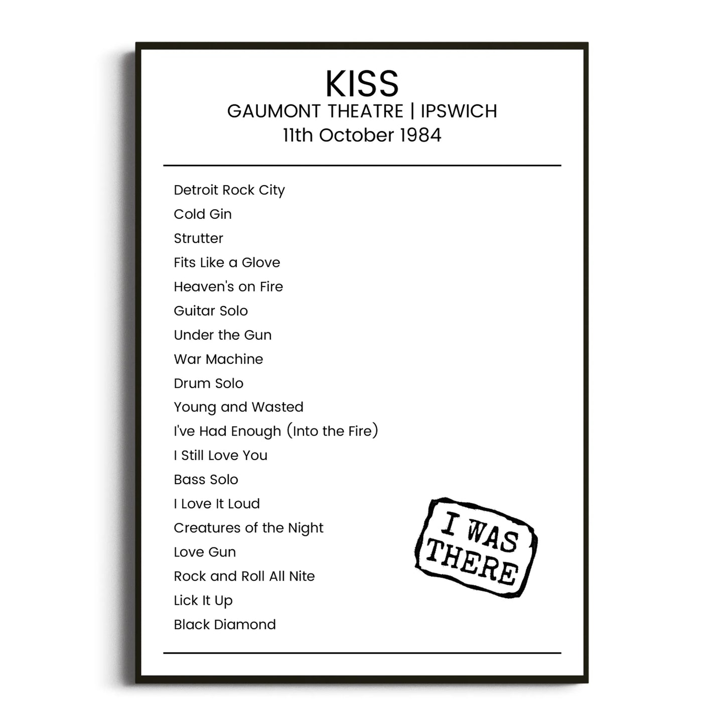 KISS Ipswich 11 October 1984 Setlist Poster