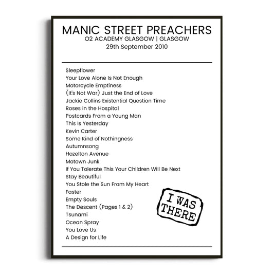 Manic Street Preachers Glasgow 29 September 2010 Setlist Poster