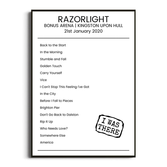 Razorlight Kingston upon Hull 21 January 2020 Setlist Poster