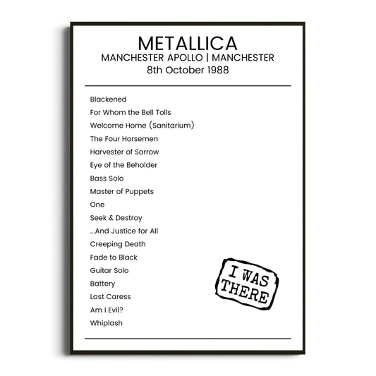 Metallica Manchester 08 October 1988 Setlist Poster