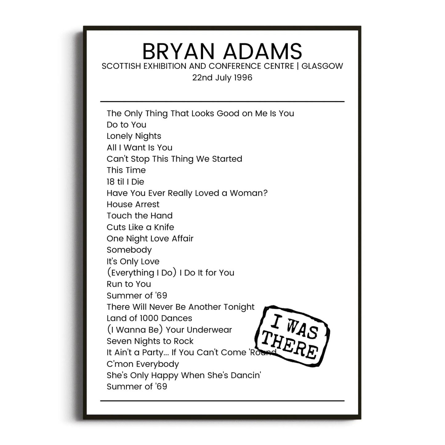 Bryan Adams Glasgow 22 July 1996 Setlist Poster