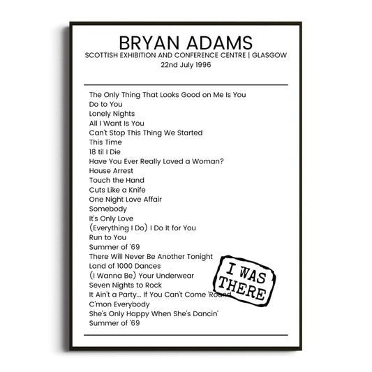 Bryan Adams Glasgow 22 July 1996 Setlist Poster