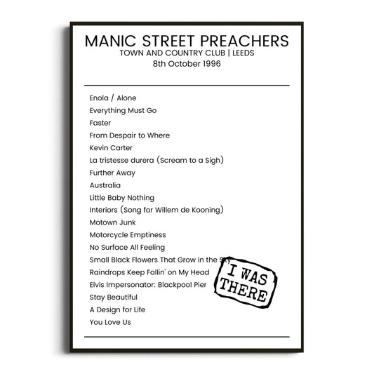 Manic Street Preachers Leeds 08 October 1996 Setlist Poster