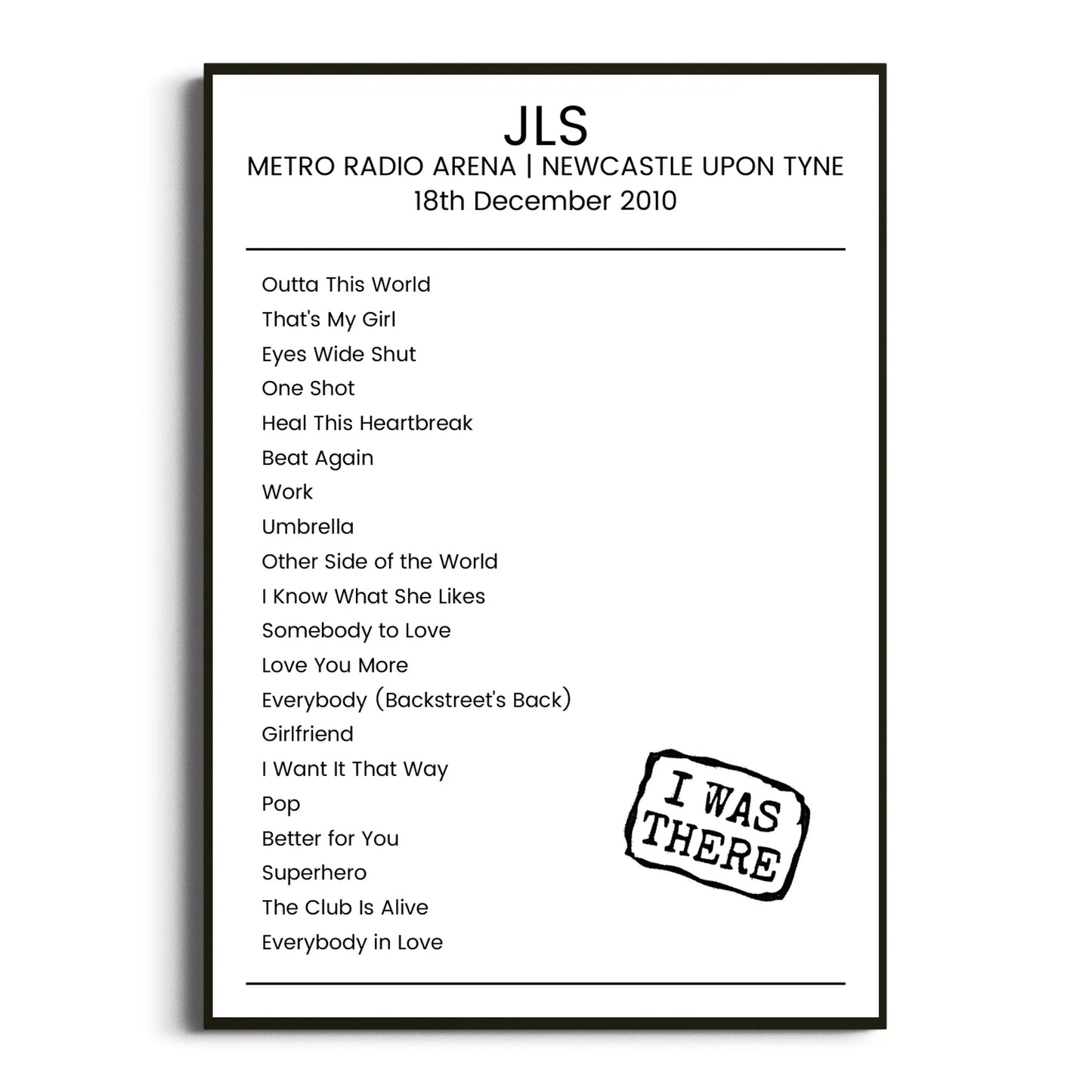 JLS Newcastle upon Tyne 18 December 2010 Setlist Poster