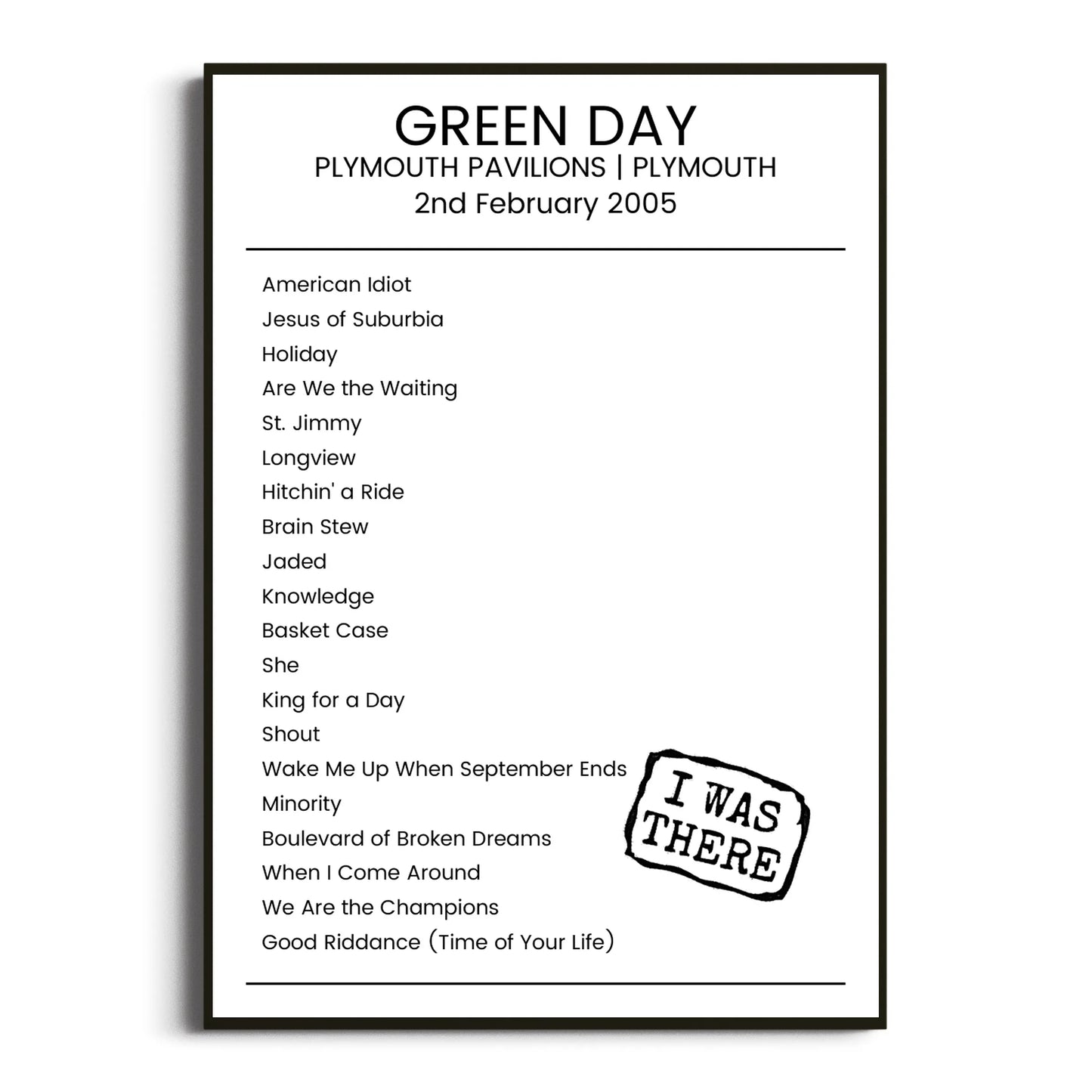 Green Day Plymouth 02 February 2005 Setlist Poster