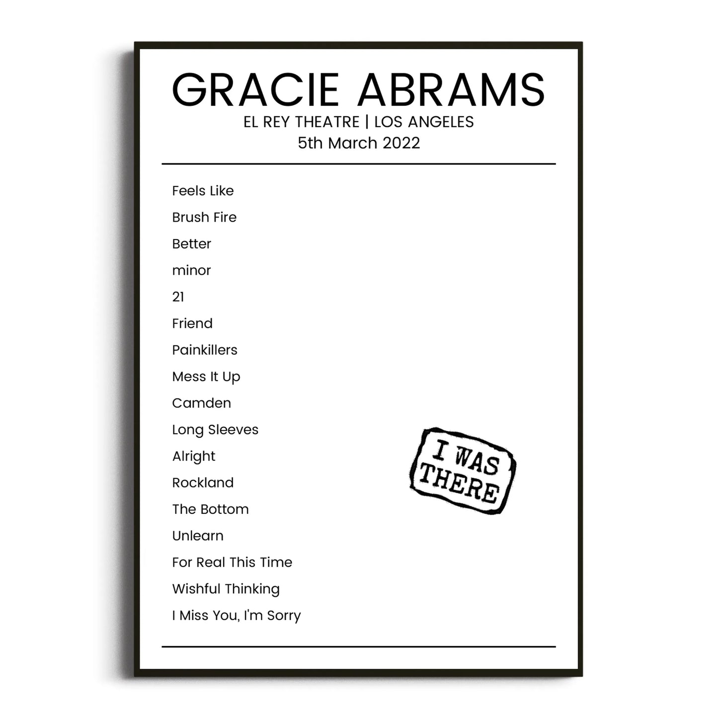 Gracie Abrams Los Angeles 05 March 2022 Setlist Poster