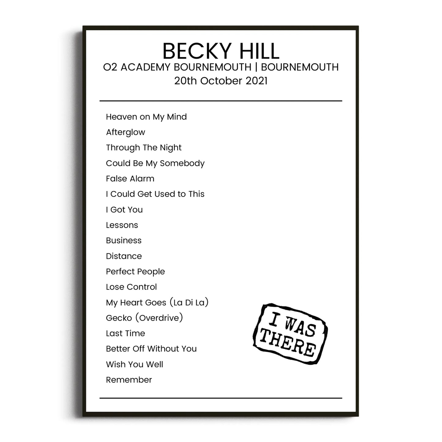 Becky Hill Bournemouth 20 October 2021 Setlist Poster