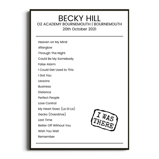 Becky Hill Bournemouth 20 October 2021 Setlist Poster