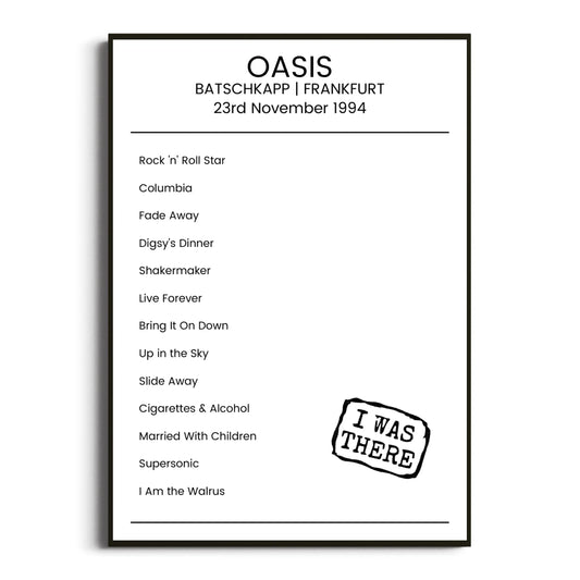 Oasis Frankfurt 23 November 1994 Setlist Poster