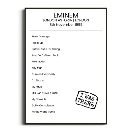 Eminem London 08 November 1999 Setlist Poster