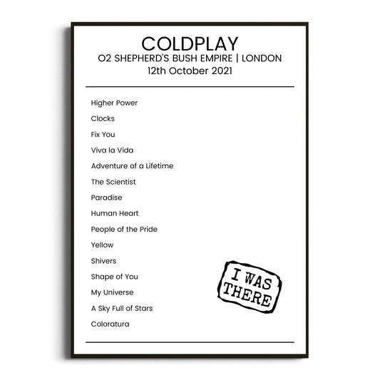 Coldplay London 12 October 2021 Setlist Poster