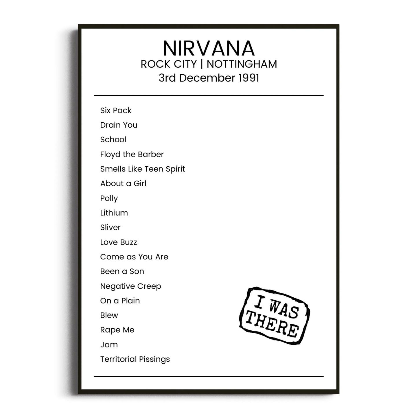 Nirvana Nottingham 03 December 1991 Setlist Poster