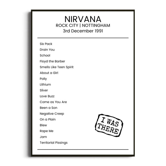 Nirvana Nottingham 03 December 1991 Setlist Poster