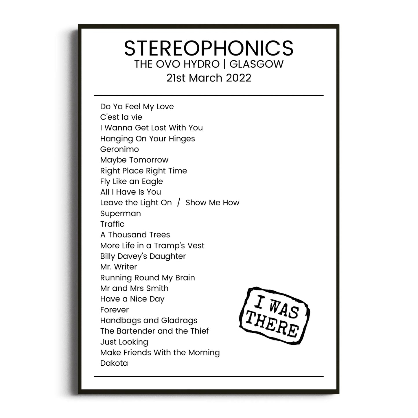 Stereophonics Glasgow 21 March 2022 Setlist Poster