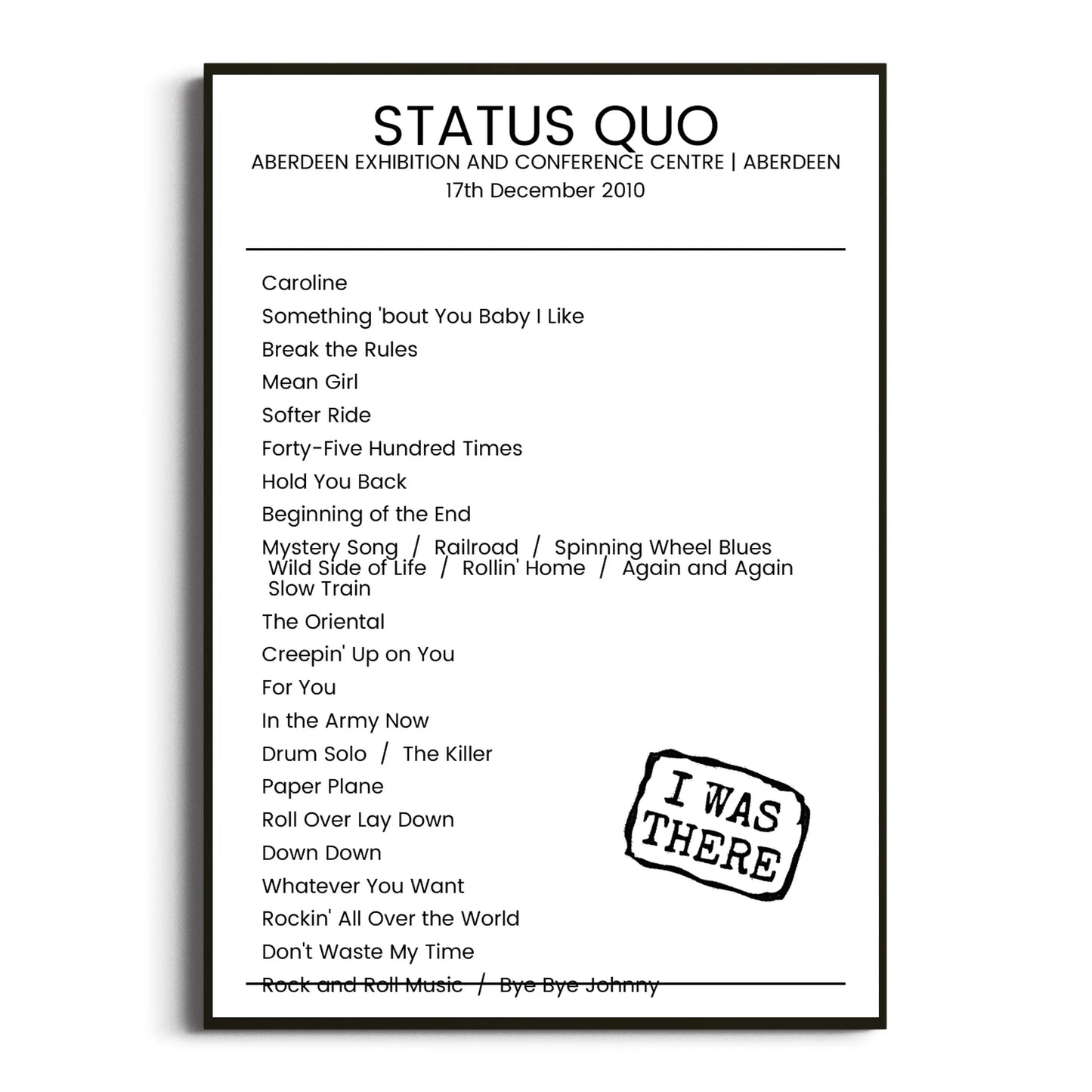 Status Quo Aberdeen 17 December 2010 Setlist Poster