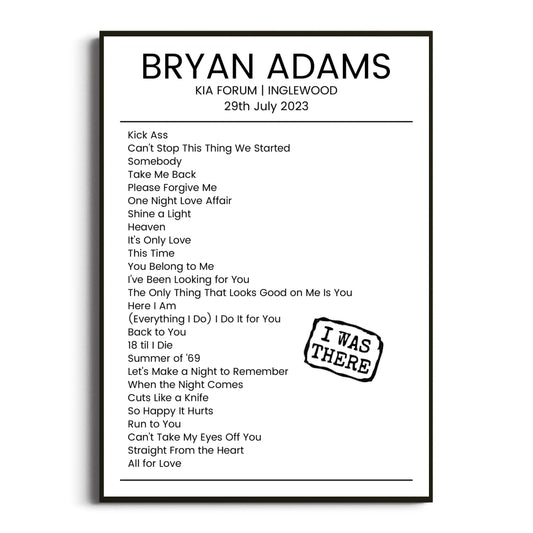 Bryan Adams Inglewood 29 July 2023 Setlist Poster