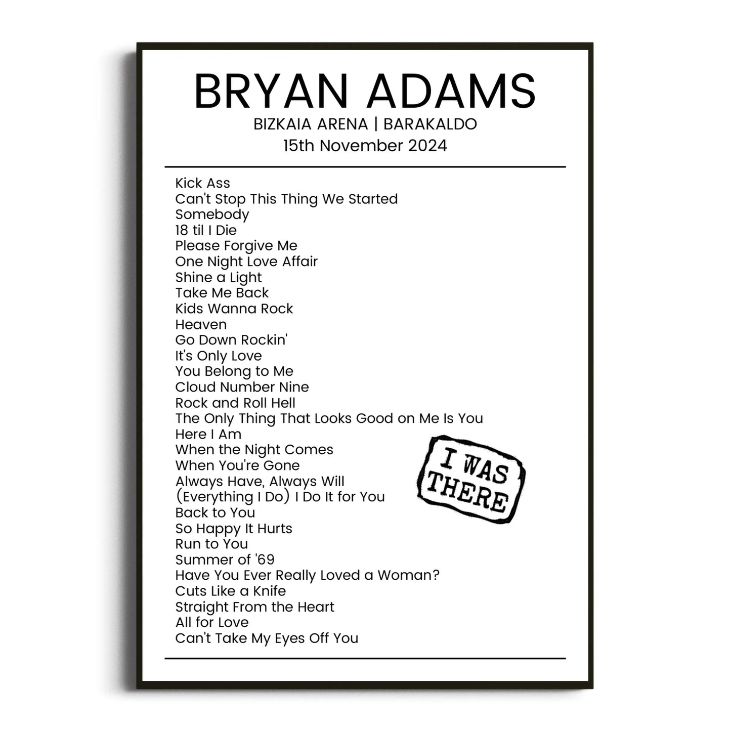 Bryan Adams Barakaldo 15 November 2024 Setlist Poster