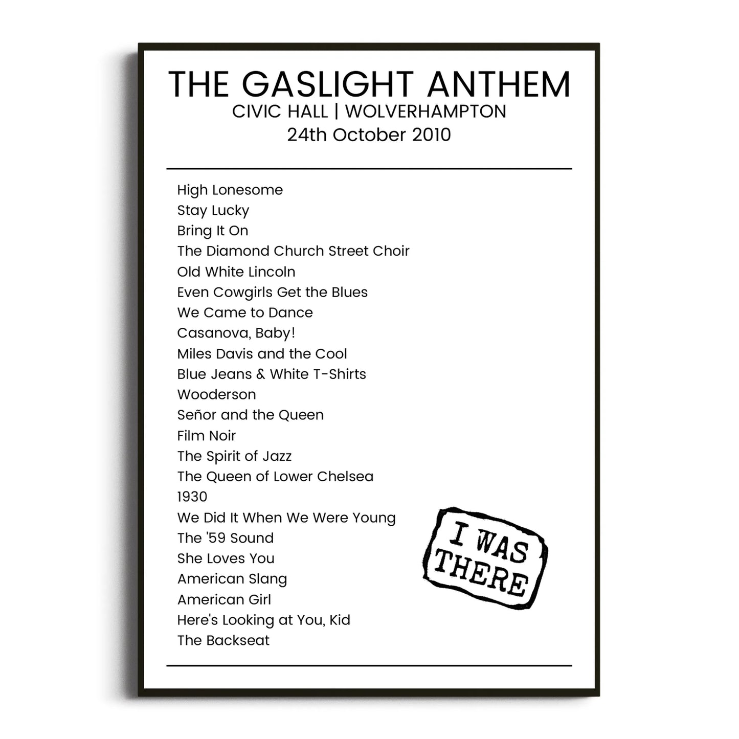 The Gaslight Anthem Wolverhampton 24 October 2010 Setlist Poster