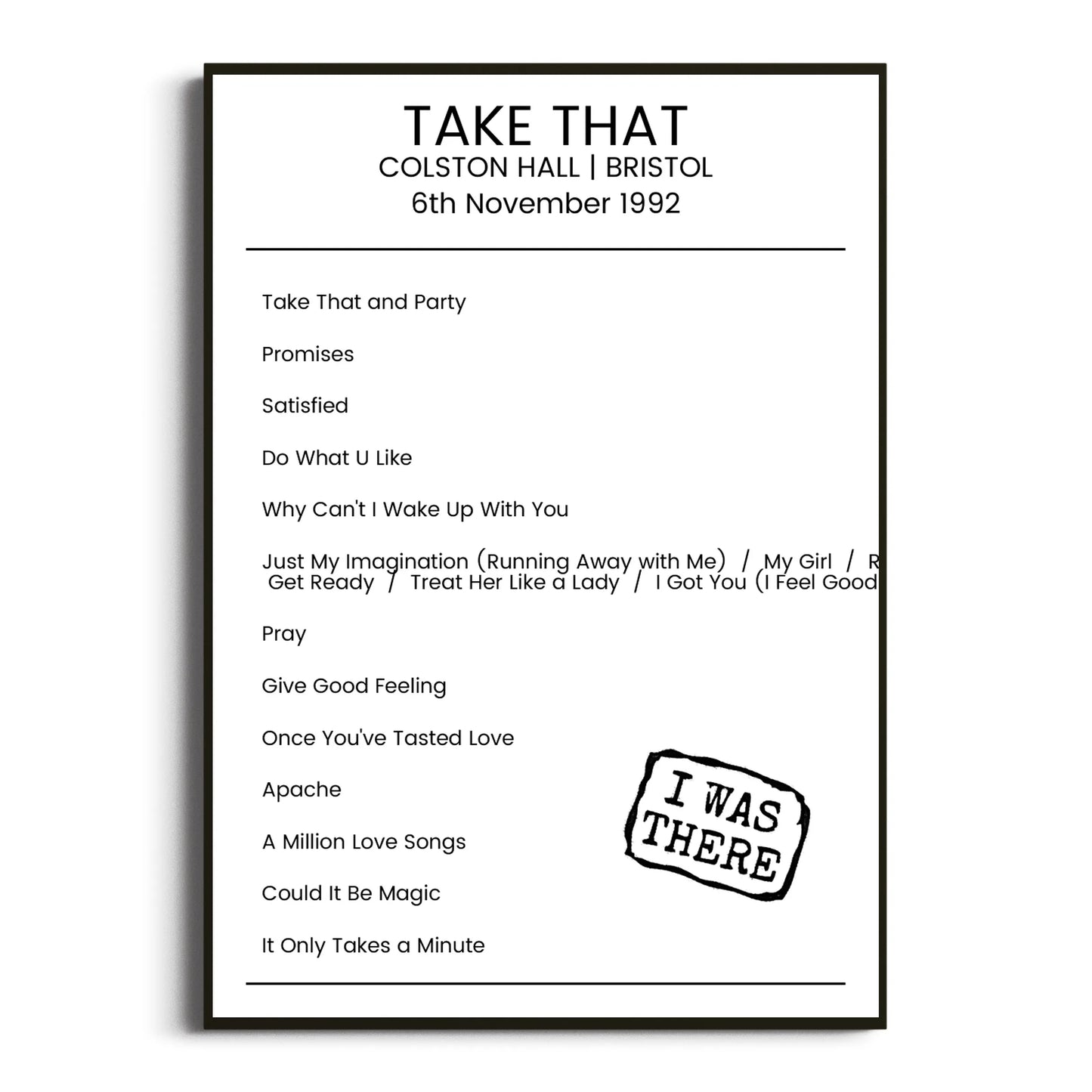 Take That Bristol 06 November 1992 Setlist Poster